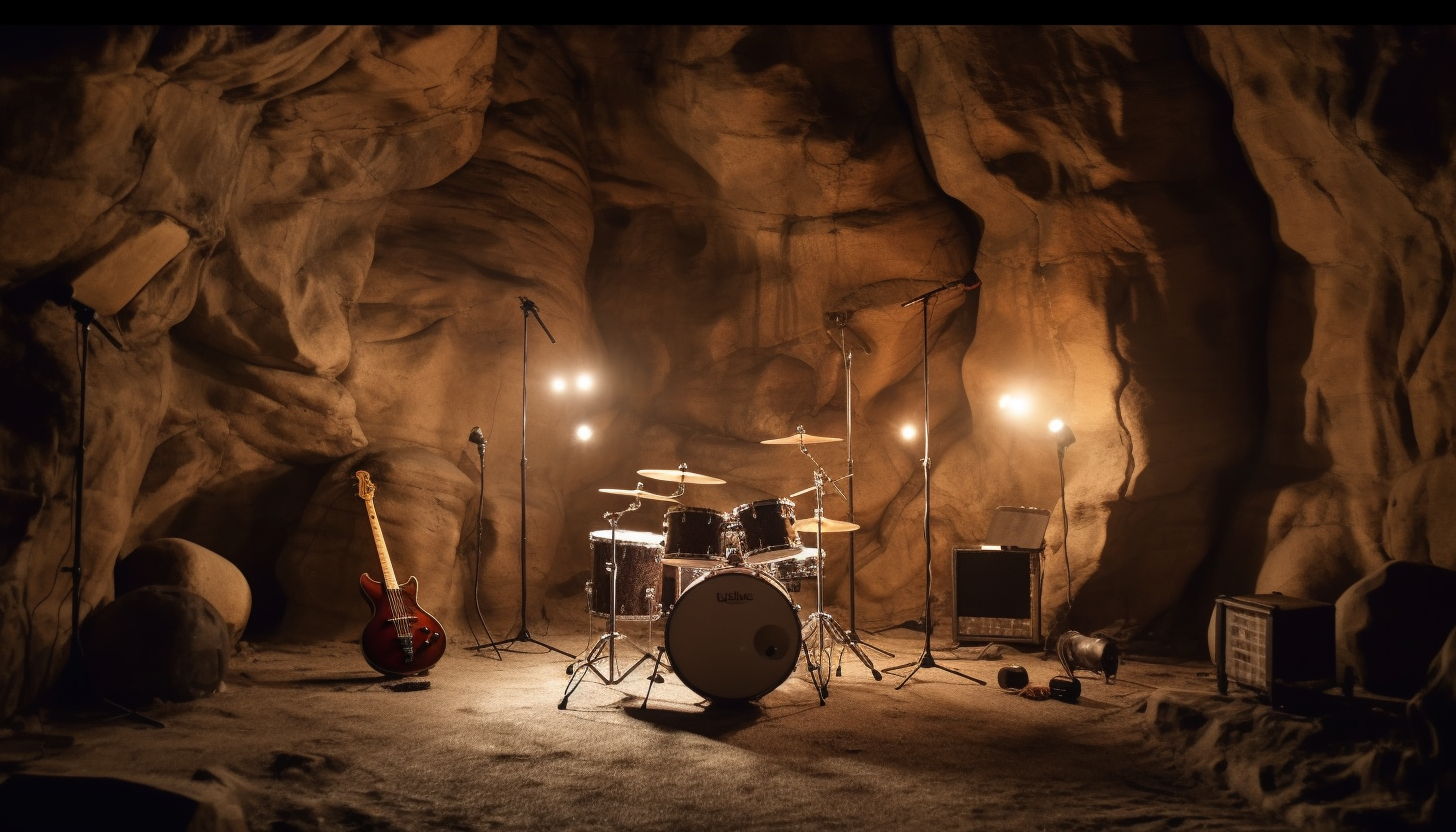 Drum set in a cave, with echoes resonating off the walls.