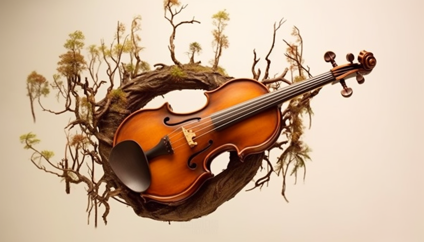 Instruments growing from tree branches, blending nature and music.