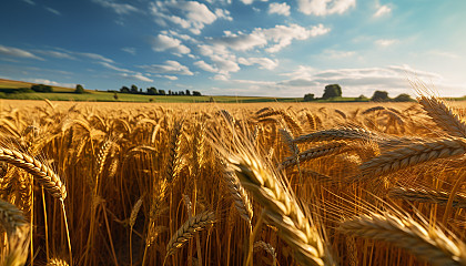 A field of ripening wheat swaying gently under the summer sun.