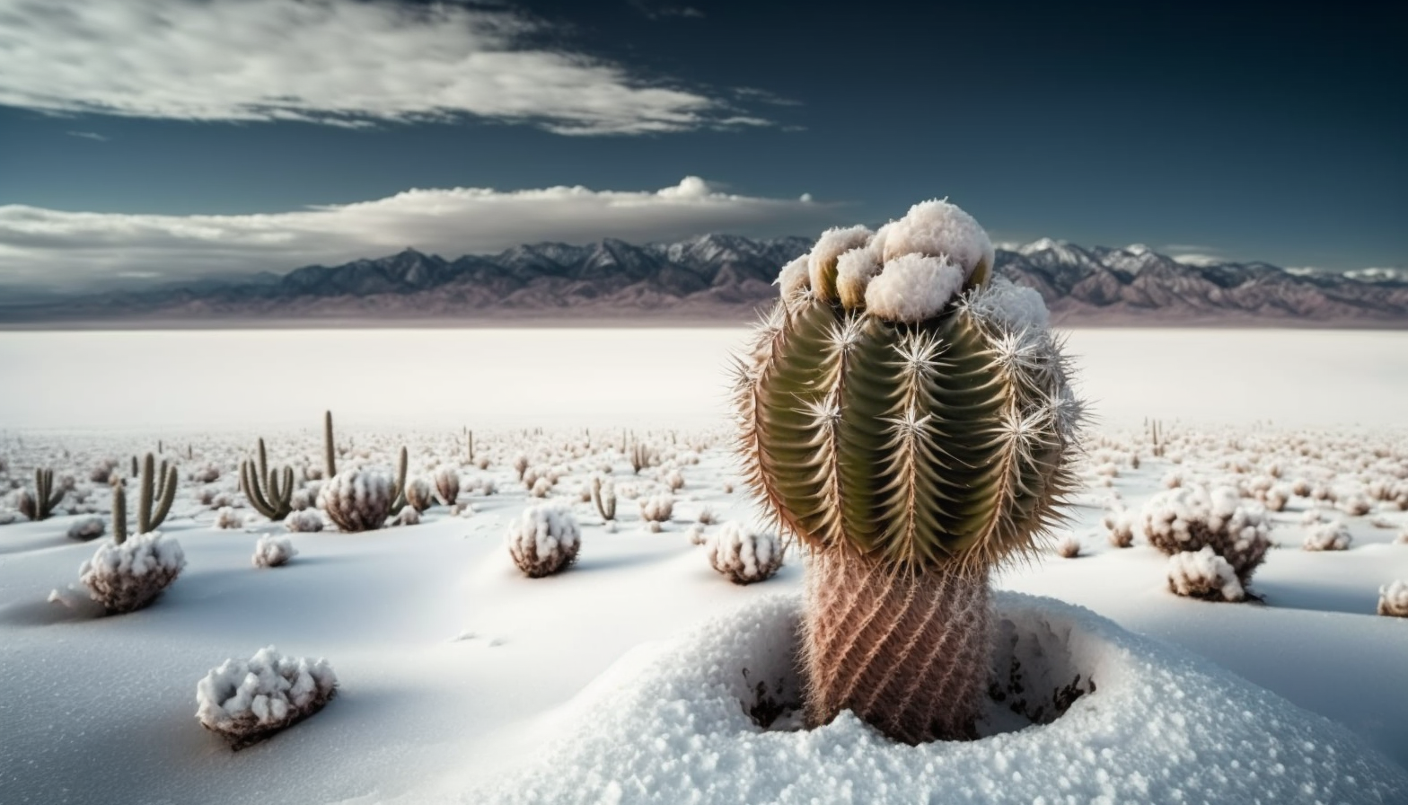 A lone cactus covered in snow