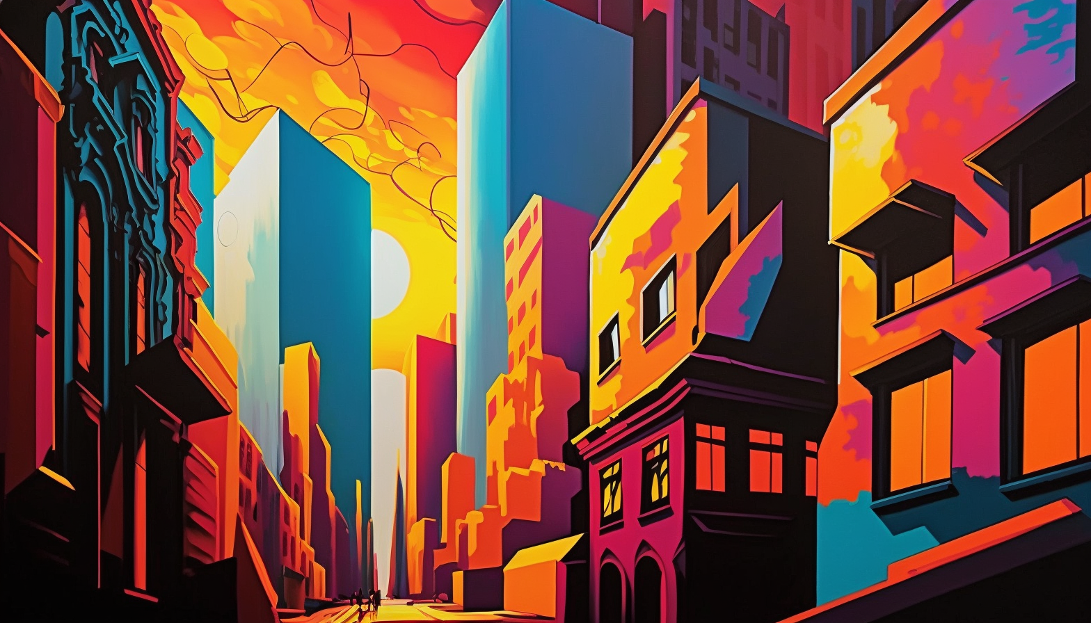 Cityscape painting with Expressionist style bold colors