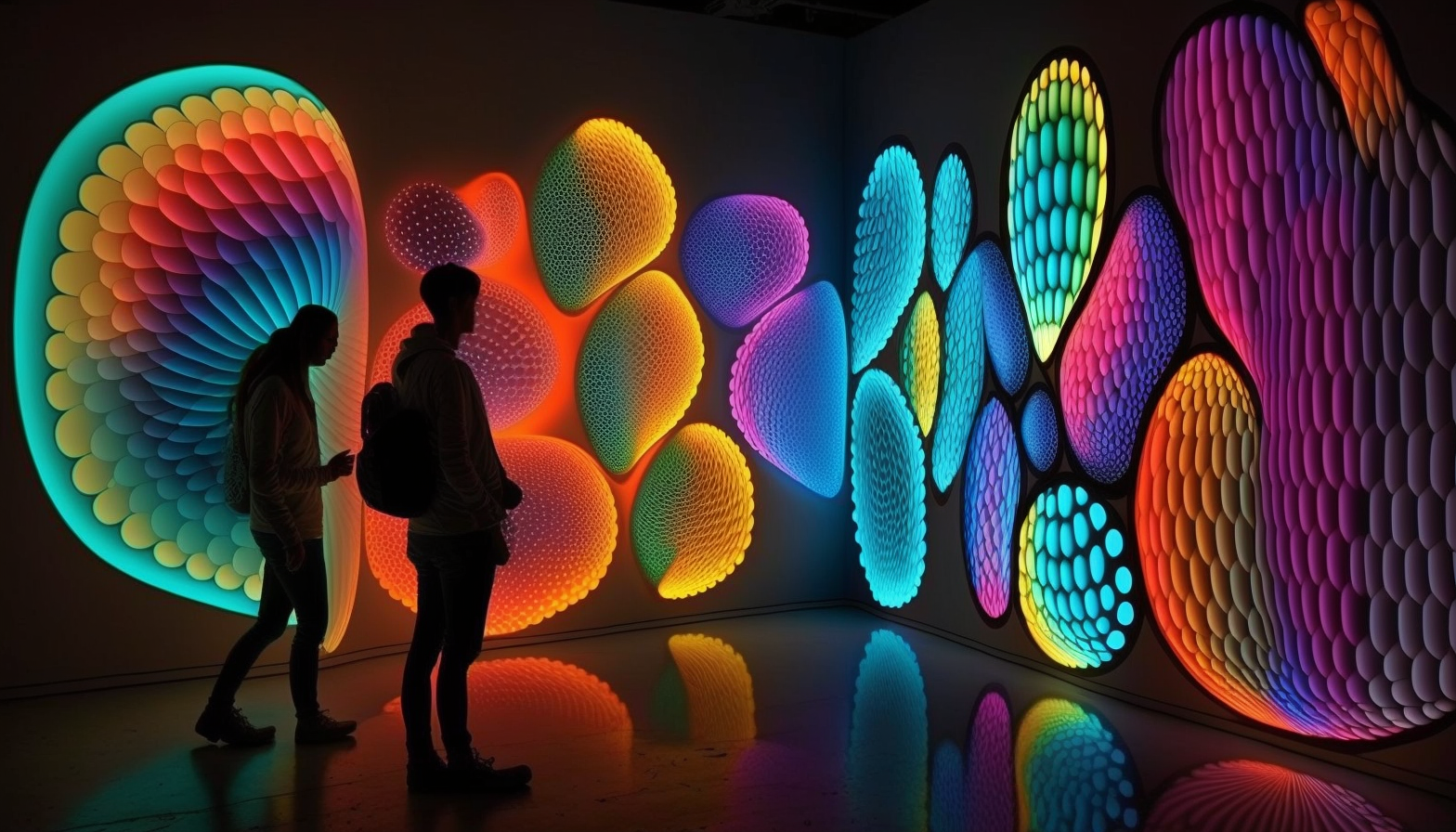 An art installation featuring bright, multicolored lights or projections.