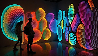 An art installation featuring bright, multicolored lights or projections.