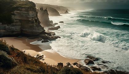Coastal scenes with dramatic cliffs, crashing waves, and sandy beaches.
