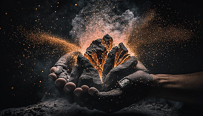 A person's hands holding a piece of coal or charcoal, with brilliant sparks and flames emanating from it.