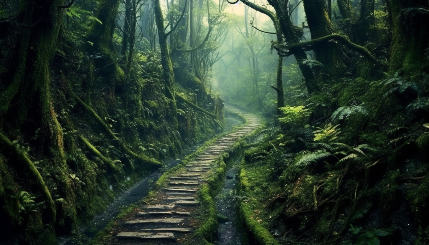A narrow, winding path disappearing into a dense forest.