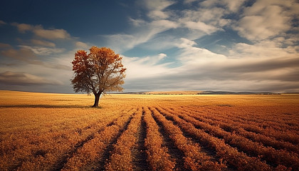 A solitary tree changing colors in the midst of an open field.