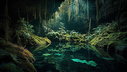 Bioluminescent forests or caves, showcasing a mystical atmosphere.