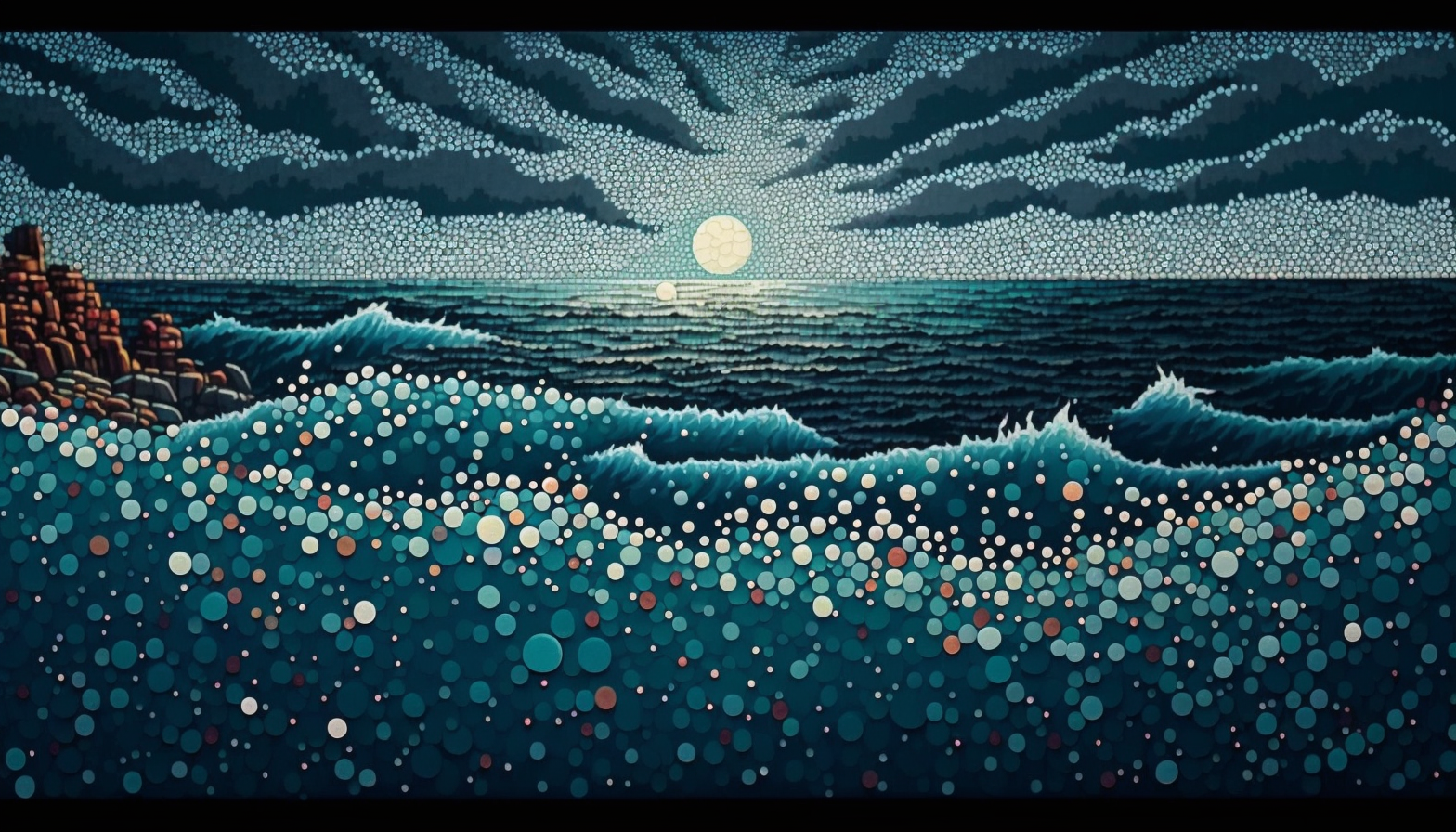 Seascape painting with Pointillism style dot patterns