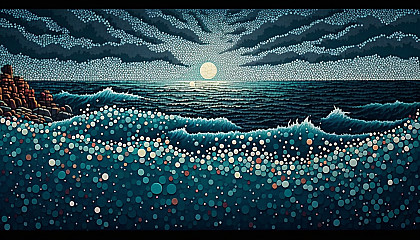 Seascape painting with Pointillism style dot patterns