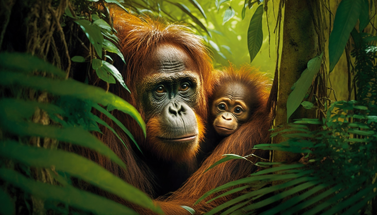 A mother orangutan with her baby in a lush rainforest