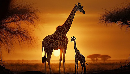 A mother giraffe and her calf with a beautiful sunset in the background