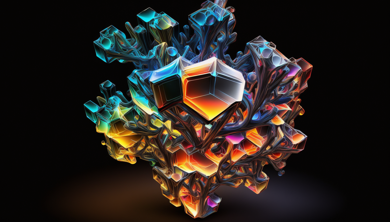 A carbon crystal structure glowing with brilliant colors against a dark background.