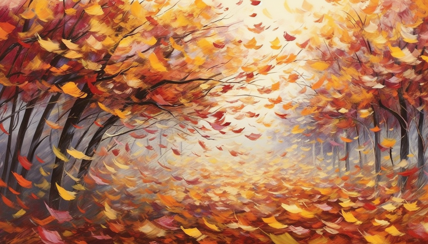 A cascade of vibrant leaves falling from trees in an autumn breeze.