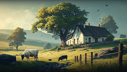 A tranquil countryside scene with a small farmhouse and a herd of cows in the distance.