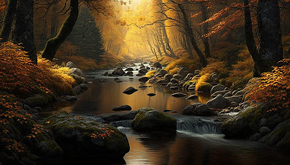 A peaceful river flowing through a forest in autumn