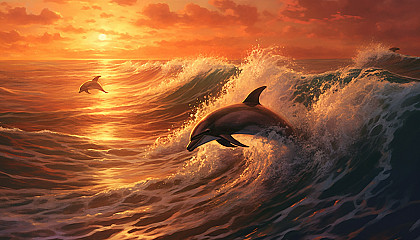 A pod of dolphins leaping in the ocean waves at sunset.