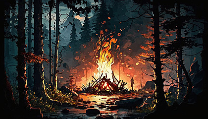 A painting of a roaring campfire in a forest clearing.