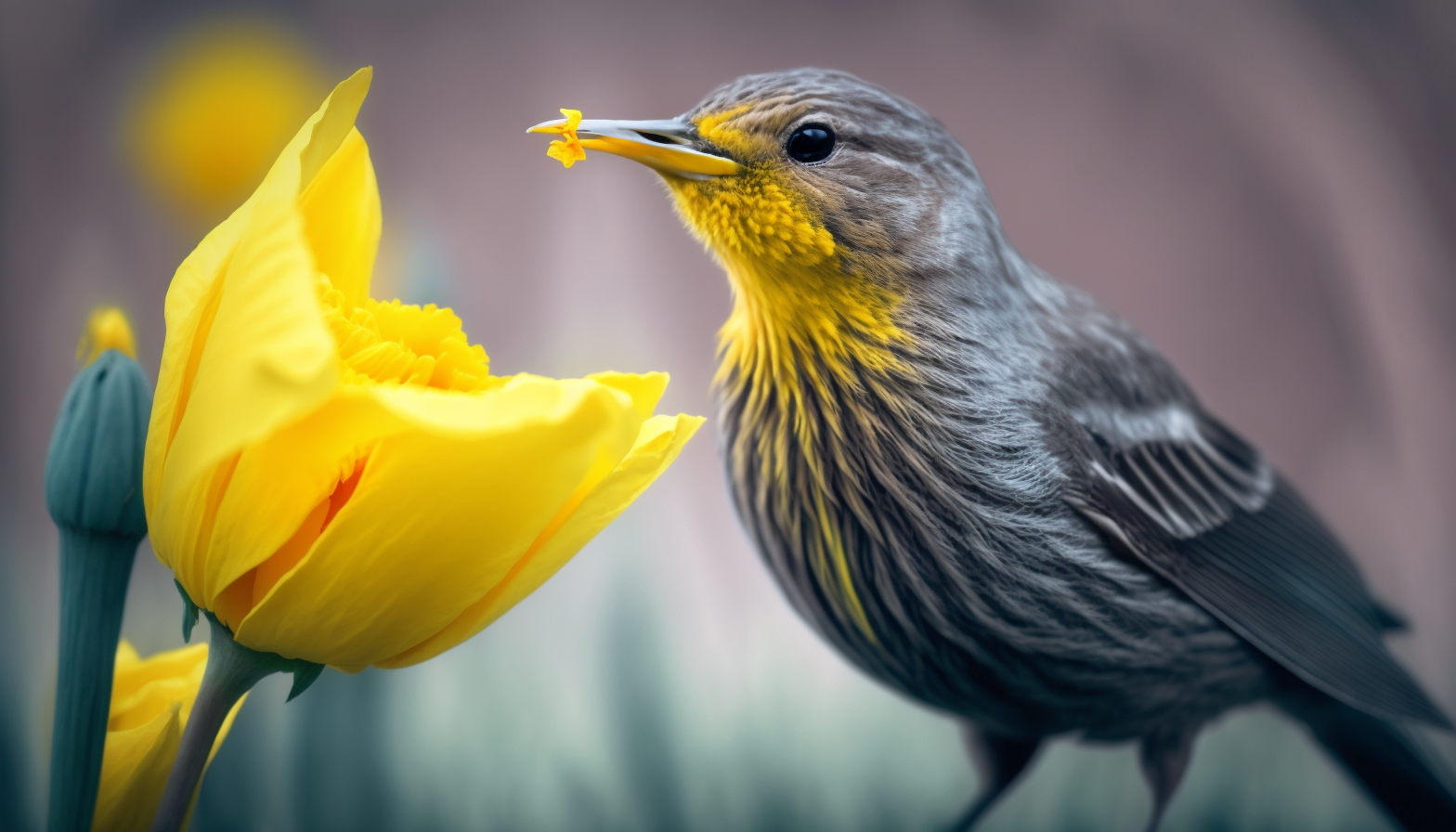 A photograph of a bird drinking nectar from a bright yellow daffodil flower.