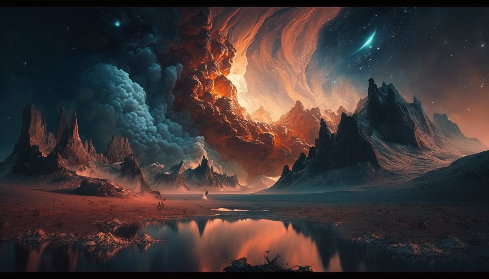 An otherworldly landscape with floating mountains and a nebula-filled sky.