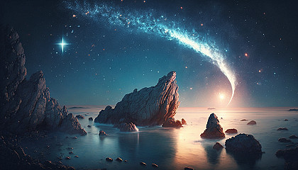 A cosmic image of a comet passing by a distant planet, with the celestial bodies reflecting off a calm ocean.