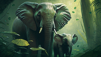 A mother elephant and her baby in a green jungle