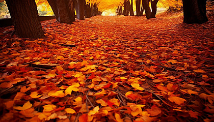 A cascade of autumn leaves falling from a tree, creating a carpet of color.