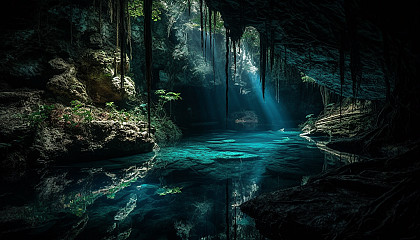 Bioluminescent forests or caves, showcasing a mystical atmosphere.