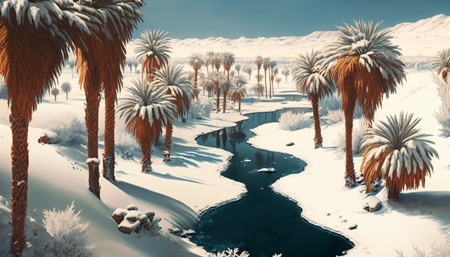 An oasis with palm trees covered in snow