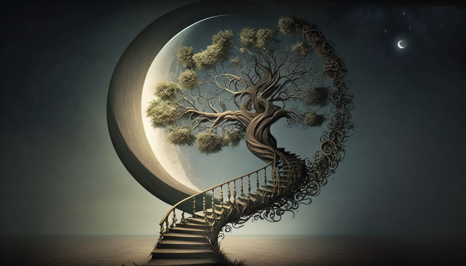 A surreal depiction of a tree growing into a staircase, leading to the moon in the sky.