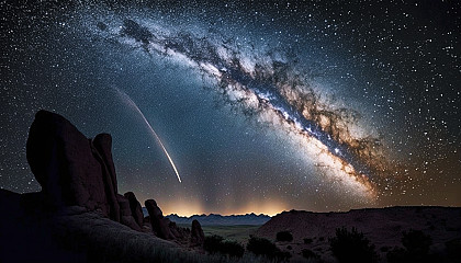 A stunning view of the Milky Way galaxy, with a shooting star in the foreground.