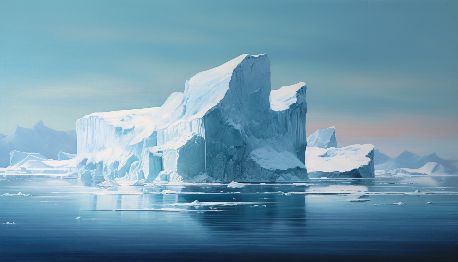 Icebergs adrift in a stark, polar seascape.