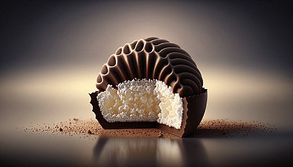An image of a small, delicious-looking bite of food, such as a single chocolate truffle or a delicate pastry.