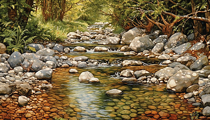 The music of a babbling brook flowing over pebbles in a serene landscape.