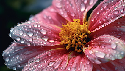 A close-up of dew-kissed petals of a blooming flower.