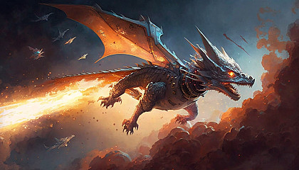 A dragon breathing fire while soaring through the sky at high speed.