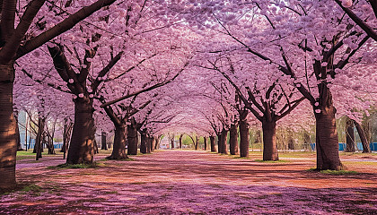 A grove of cherry trees in full bloom.