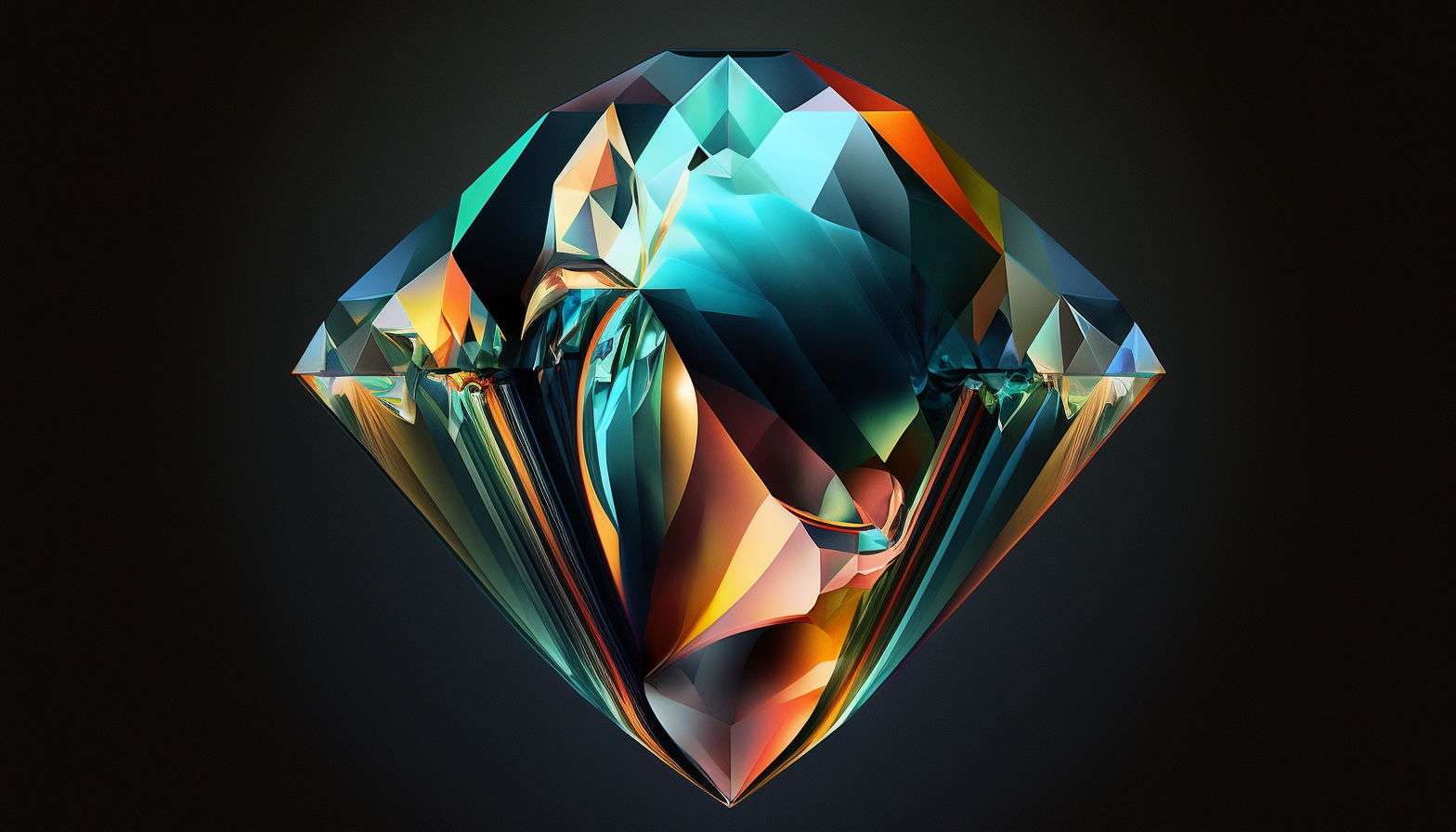 An abstract composition of colorful geometric shapes, arranged to resemble a brilliant diamond or other precious gemstone, set against a carbon-like backdrop.