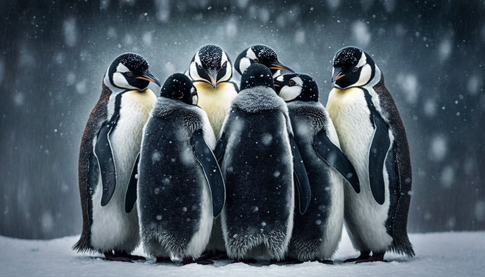 A group of penguins huddling together for warmth in the snow