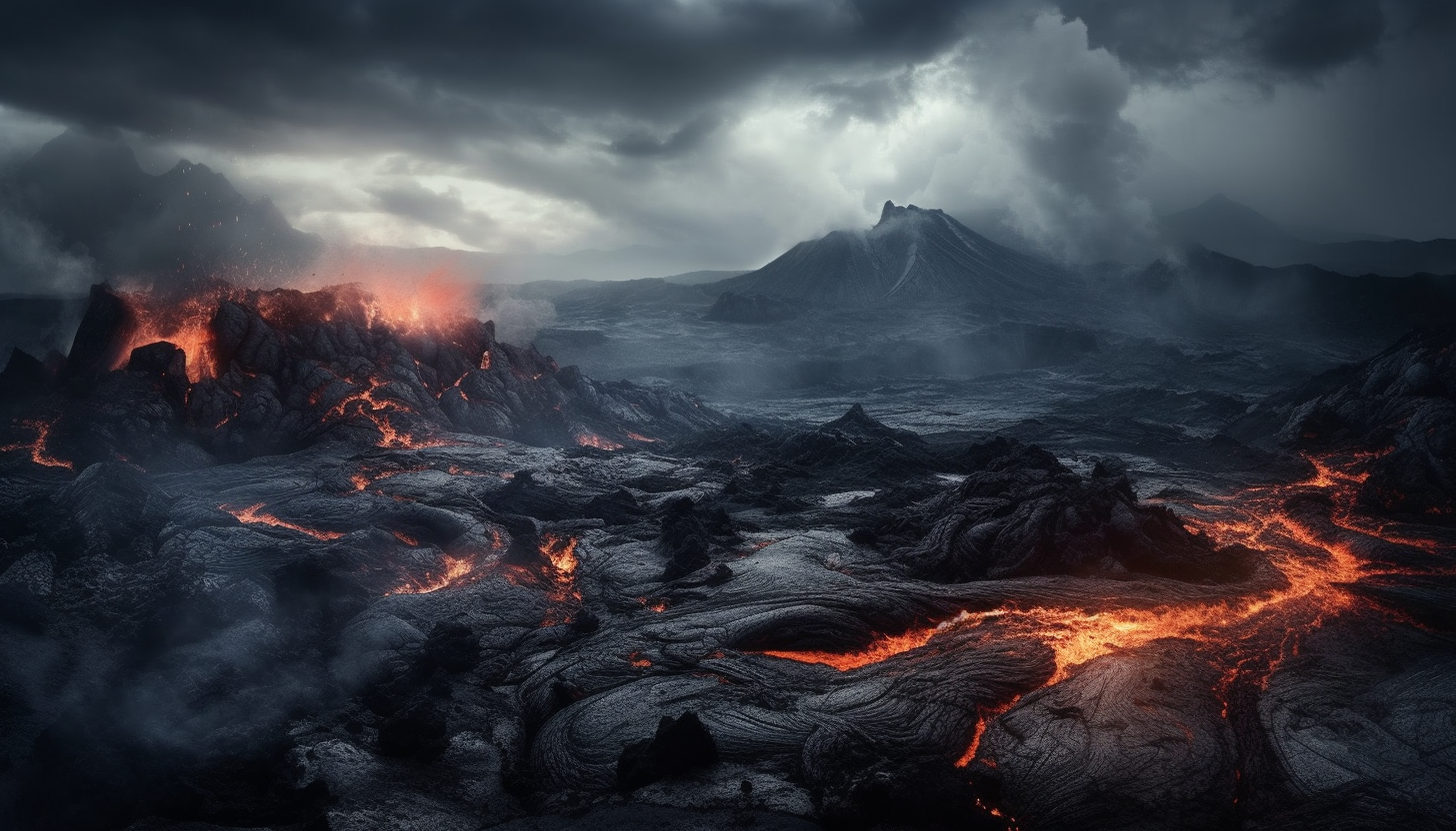 Dramatic volcanic landscapes with flowing lava and ash clouds.