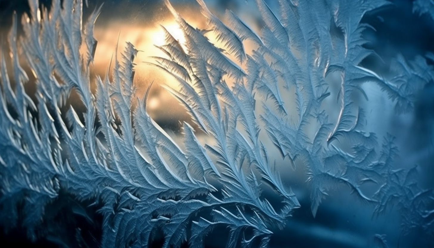 Intricate ice patterns formed on a winter window.