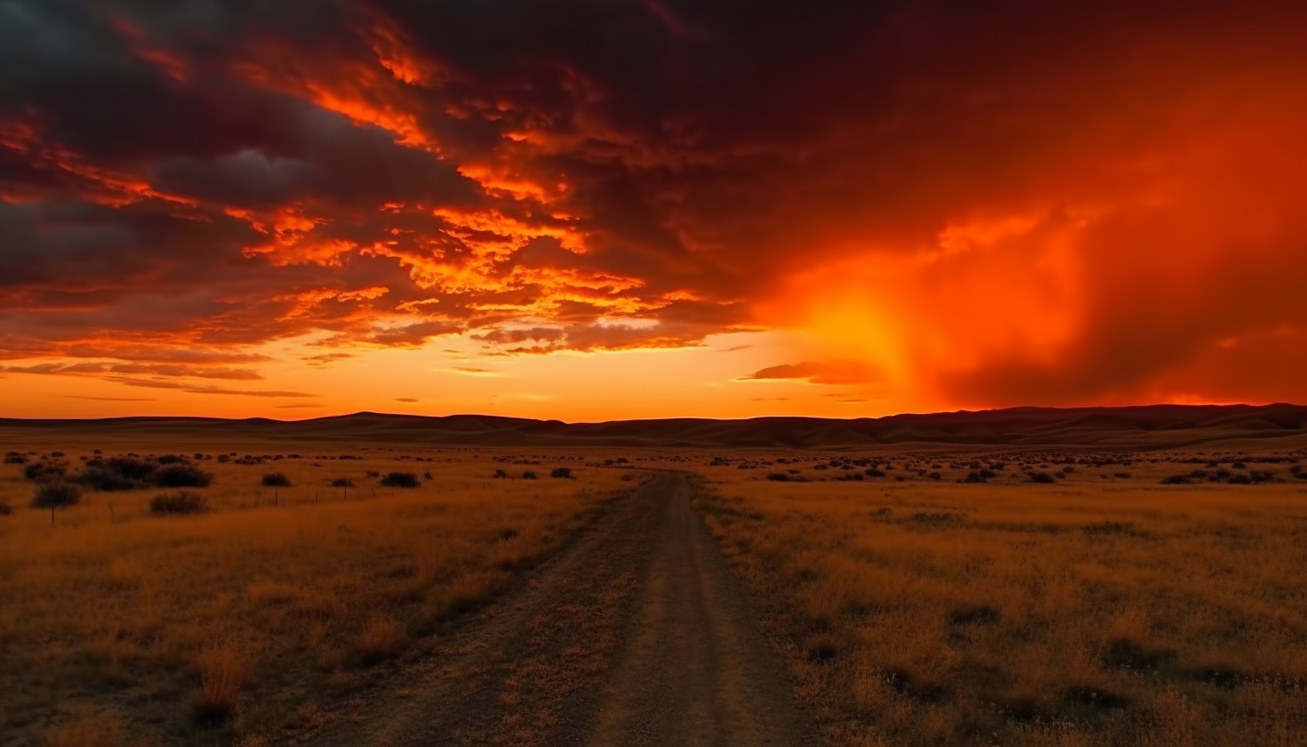 Colorful, dramatic skies during sunrises and sunsets over open landscapes.