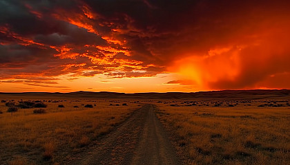 Colorful, dramatic skies during sunrises and sunsets over open landscapes.