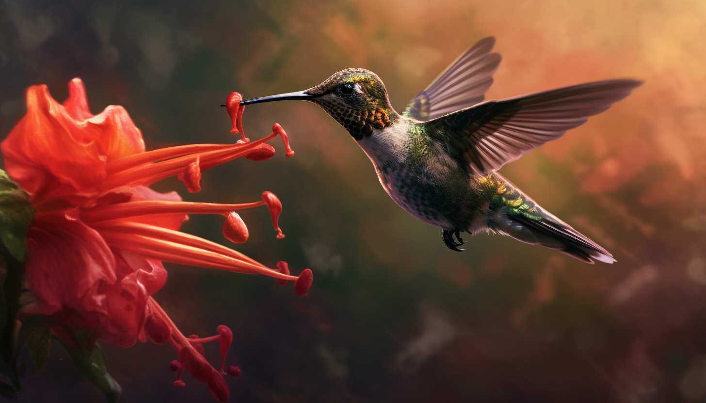 A hummingbird hovering mid-air, feeding from a vibrant flower.