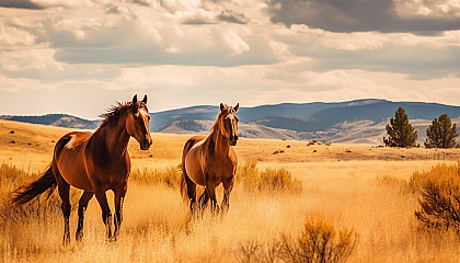 Wild horses roaming freely across open grasslands.