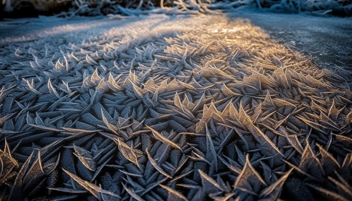 Intricate patterns formed by frost or ice on various surfaces.