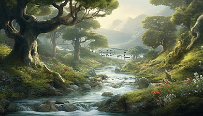 Sheet music flowing like a river through a picturesque landscape.