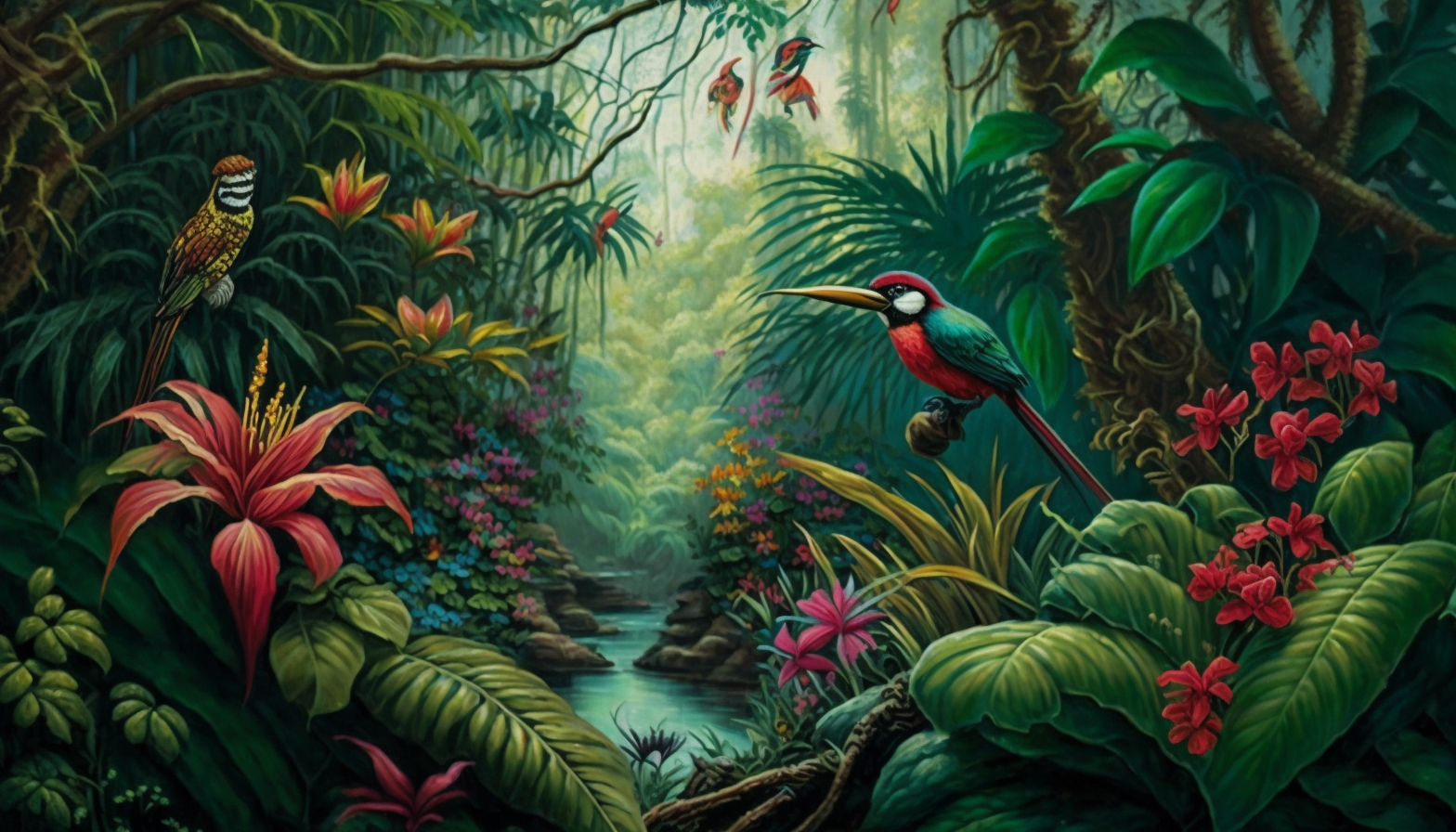 An oil painting of a tropical rainforest with exotic flowers and wildlife.