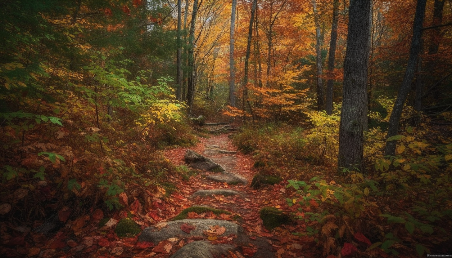 Colorful autumn foliage covering peaceful forest paths.