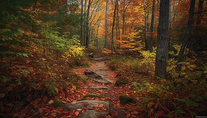 Colorful autumn foliage covering peaceful forest paths.